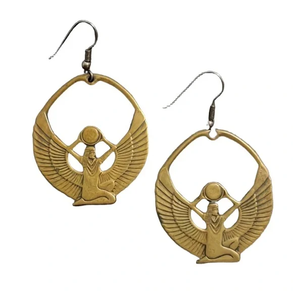 Vintage Art Deco Gold Brass Egyptian Goddess Eye Of Isis Deity Earrings - Picture 4 of 13